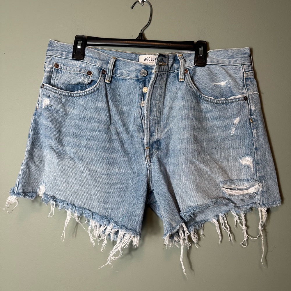 AGOLDE Women’s Parker Long Jean Shorts Button Fly Raw Hem Distressing Size 32